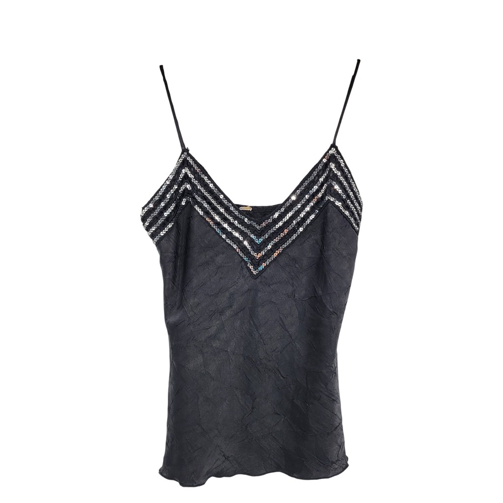 Black Sequin Trim Cami Top Womens XS Crinkle Party 90s Y2K Clubwear Sparkle Glam